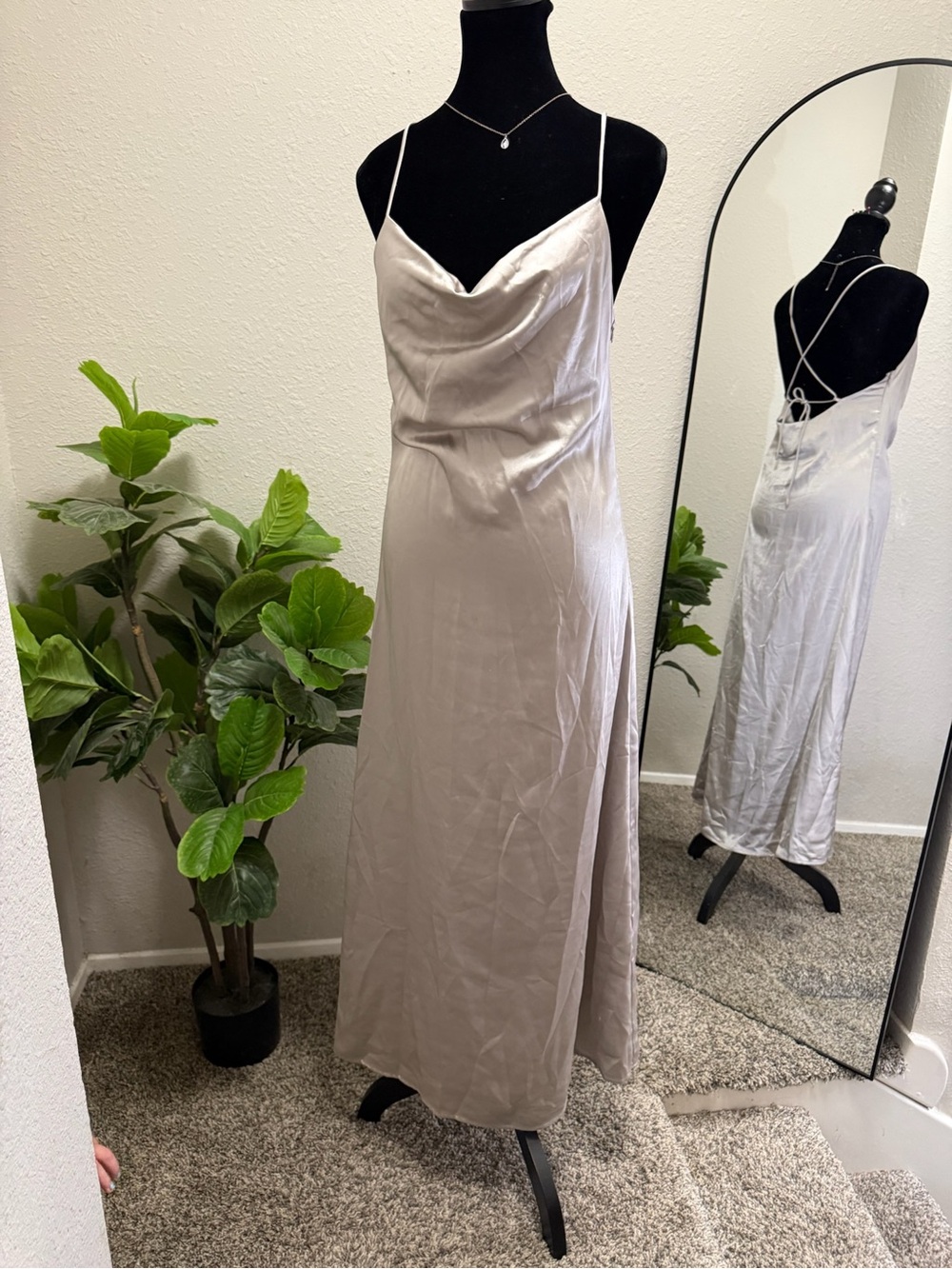 Elegant Taupe Satin Cowl Maxi Dress with Lace-Up Back